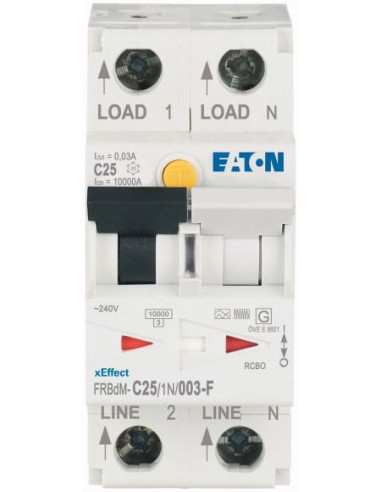 Disjoncteur différentiel électronique 25 A 30 mA courbe C 1p+N type F 000300630 EATON FRBDM-C25/1N/003-F