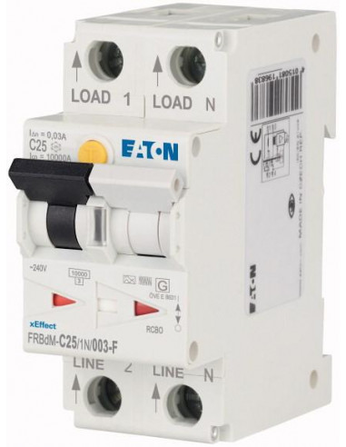 Disjoncteur différentiel électronique 25 A 30 mA courbe C 1p+N type F 000300630 EATON FRBDM-C25/1N/003-F