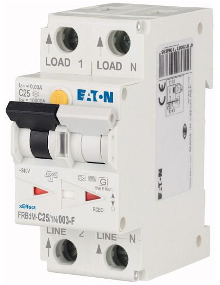 Disjoncteur différentiel électronique 25 A 30 mA courbe C 1p+N type F 000300630 EATON FRBDM-C25/1N/003-F