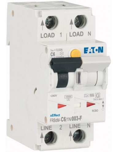 Disjoncteur différentiel électronique 6 A 30 mA courbe C 1p+N type F 000300519 EATON FRBDM-C6/1N/003-F