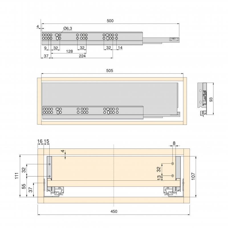 Kit de tiroir pour cuisine et salle de bain Vertex de hauteur 93 mm avec panneaux incluses. EMUCA 3173235