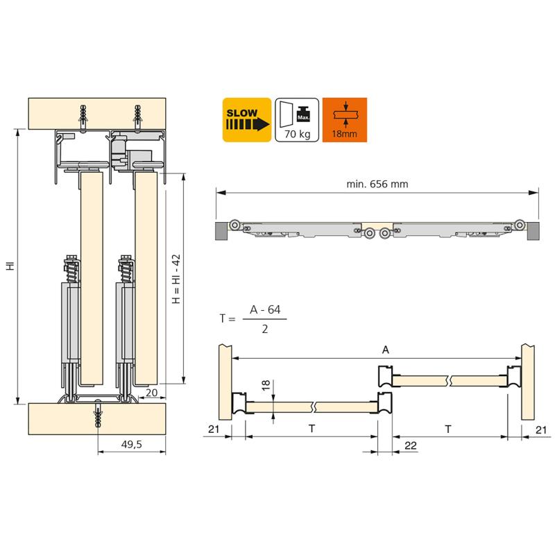 Système coulissant pour armoires à 2 portes avec roulement inférieur avec profils Wave et fermeture amortie EMUCA 6030462