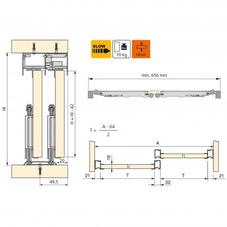 Système coulissant pour armoires à 2 portes avec roulement inférieur avec profils Wave et fermeture amortie EMUCA 6030462