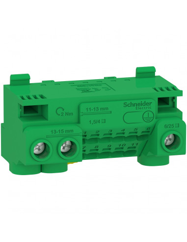 Resi9 bornier terre 63A + cavalier auto 11x1,5² à 4² vis 3x6² à 25² SCHNEIDER LGYT1E14