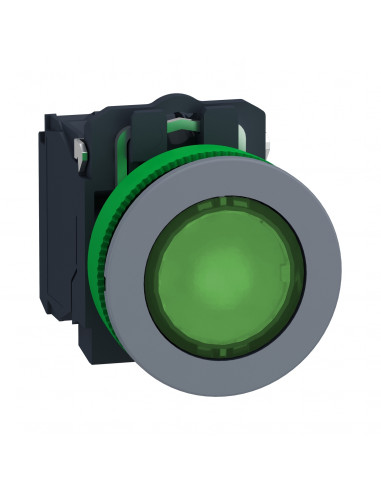 Harmony XB5 bouton poussoir lum diam. 22 col flush grise vert 1O+1F 24V SCHNEIDER XB5FW33B5C0