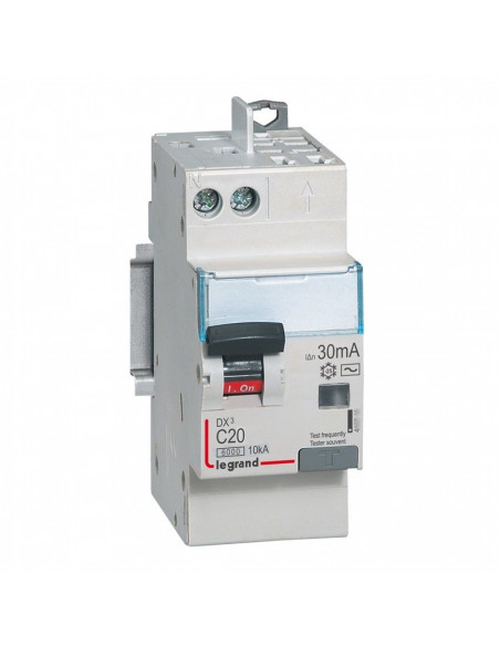 Disjoncteur différentiel monobloc DX³6000 10kA arrivée vis départ automatique U+N 230V~ 20A type AC 30mA LEGRAND 410806
