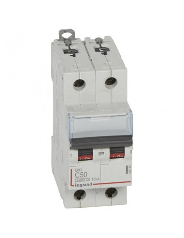 Disjoncteur DX³6000 10kA arrivée haute et départ bas à vis 2 Pôles de 230V à 400V 50A courbe C 2 modules LEGRAND 407789