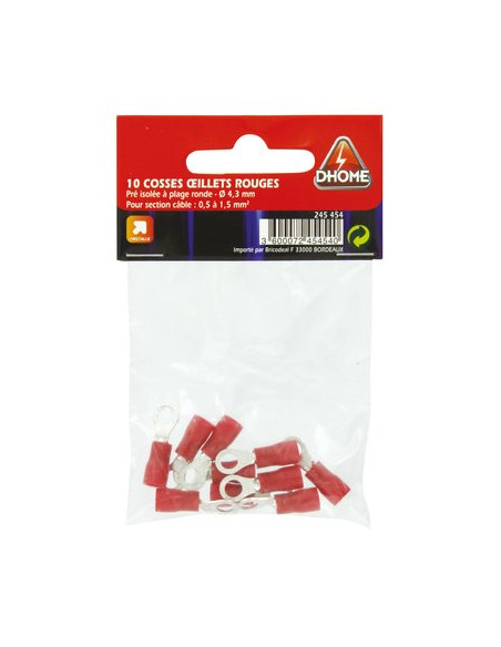 COSSE ŒILLET ROUGE 4,3MM (10 pièces) DHOME RVS 1,25-4