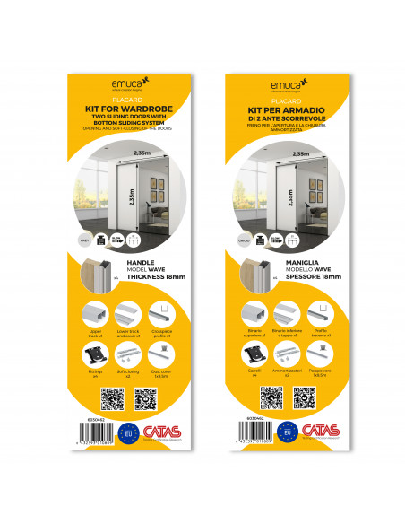 Système coulissant pour armoires à 2 portes avec roulement inférieur avec profils Wave et fermeture amortie EMUCA 6030462