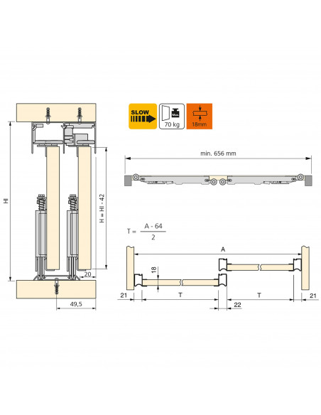 Système coulissant pour armoires à 2 portes avec roulement inférieur avec profils Wave et fermeture amortie EMUCA 6030462