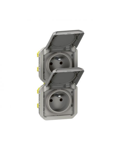 Double prise de courant précâblée 2x2P+T verticale étanche Plexo 16A 250V IP55 2 postes avec enjoliveurs finition gris LEGRAND 0