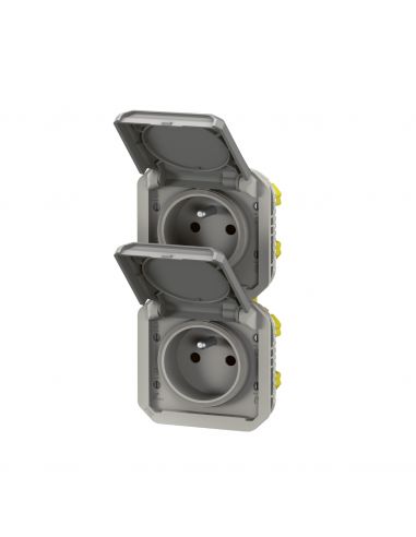 Double prise de courant précâblée 2x2P+T verticale étanche Plexo 16A 250V IP55 2 postes avec enjoliveurs finition gris LEGRAND 0
