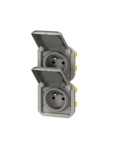 Double prise de courant précâblée 2x2P+T verticale étanche Plexo 16A 250V IP55 2 postes avec enjoliveurs finition gris LEGRAND 0