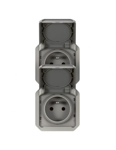 Double prise de courant précâblée 2x2P+T verticale étanche Plexo 16A 250V IP55 2 postes avec enjoliveurs finition gris LEGRAND 0