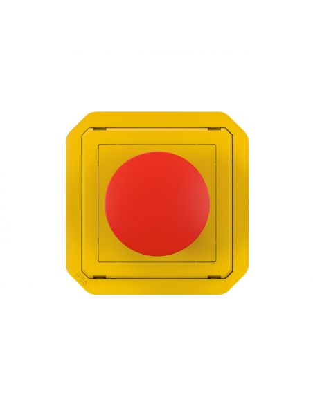 Coup de poing d'urgence poussoir à impulsion arrêt étanche Plexo IP55 avec enjoliveur jaune et bouton rouge LEGRAND 069547L