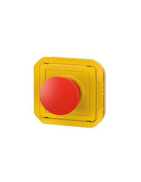 Coup de poing d'urgence poussoir à impulsion arrêt étanche Plexo IP55 avec enjoliveur jaune et bouton rouge LEGRAND 069547L