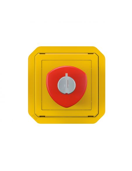 Coup de poing d'urgence poussoir déverrouillage à clé étanche Plexo IP55 avec enjoliveur jaune et bouton rouge LEGRAND 069548L