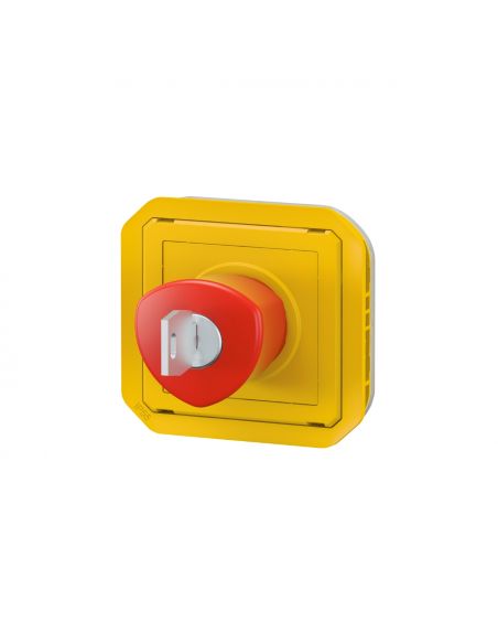 Coup de poing d'urgence poussoir déverrouillage à clé étanche Plexo IP55 avec enjoliveur jaune et bouton rouge LEGRAND 069548L