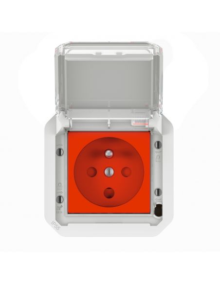 Prise de courant 2P+T à détrompage étanche Plexo 16A 250V IP55 IK08 avec enjoliveur finition gris LEGRAND 069553L