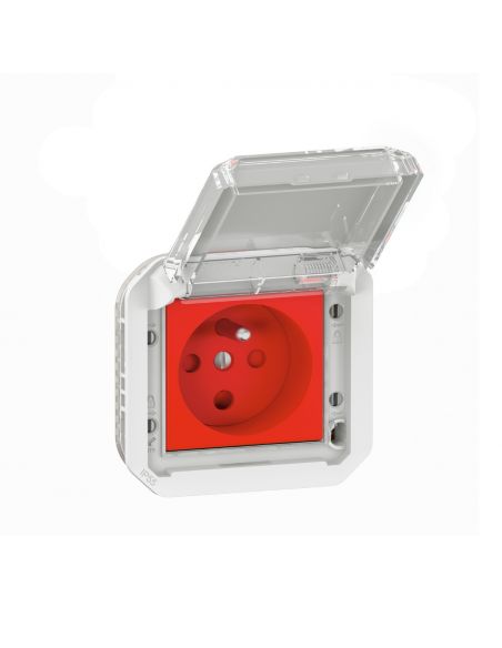 Prise de courant 2P+T à détrompage étanche Plexo 16A 250V IP55 IK08 avec enjoliveur finition gris LEGRAND 069553L