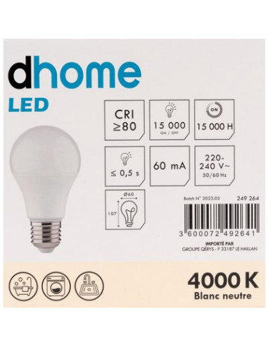 AMPOULE LED C STD E27 4000K 806/10 DHOME A60-8 E27 4000K 806L /10