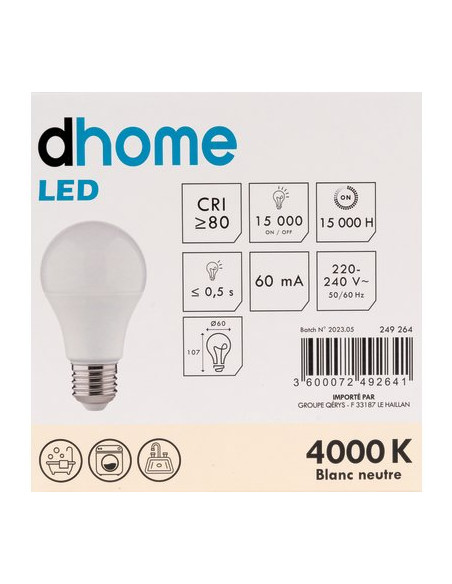 AMPOULE LED C STD E27 4000K 806/10 DHOME A60-8 E27 4000K 806L /10