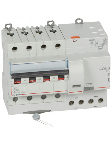 Disjoncteur différentiel monobloc DX³6000 10kA automatique 4 Pôles 400V 40A type AC 300mALEGRAND 411220