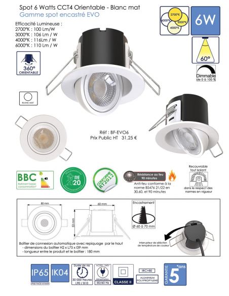 Spot encastré 6 Watts Orientable 360° Finition blanc mat BF-LIGHT BF-EVO6
