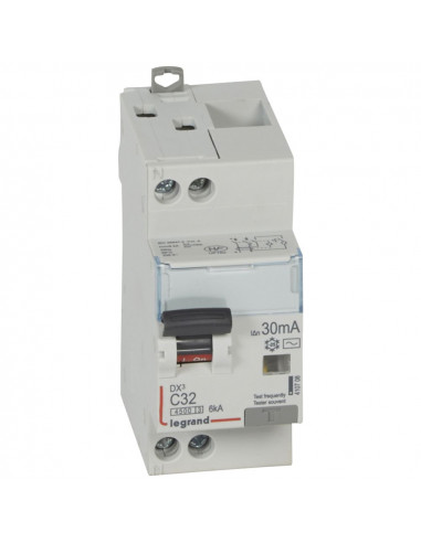 Disjoncteur différentiel DX³4500 arrivée haute et départ bas à vis U+N 230V~ 32A type AC 30mA courbe C 2 modules LEGRAND 410708