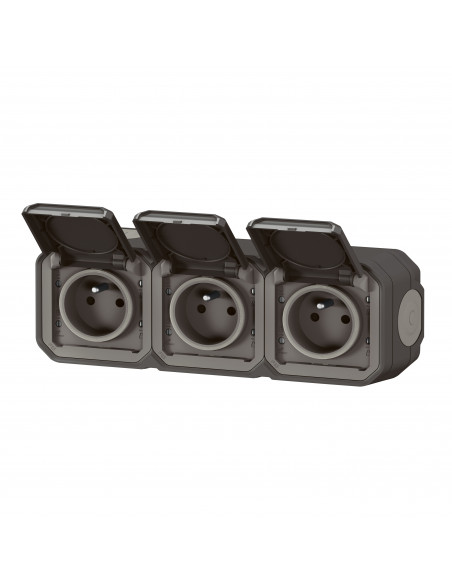 Triple prise de courant horizontale avec volet Plexo complet saillie -anthracite LEGRAND 070066