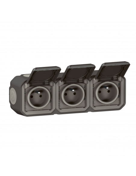 Triple prise de courant horizontale avec volet Plexo complet saillie -anthracite LEGRAND 070066