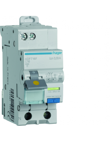 Disjoncteur différentiel 1P+N 3kA C-16A 30mA type F HAGER ADF716F