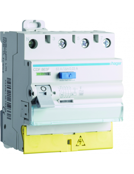 Interrupteur différentiel 3P+N 63A 30mA type F Bornes décalées HAGER CDF863F