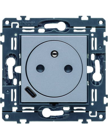 Prise de courant affleurante + USB-C - titane HAGER WXF114T