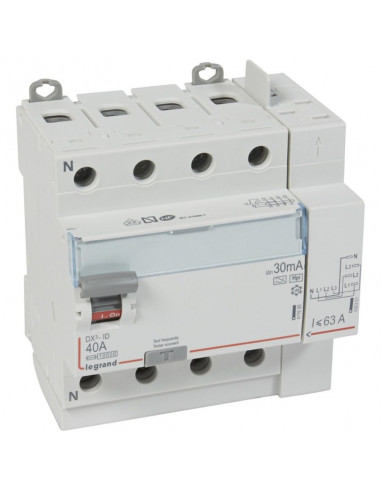 Interrupteur différentiel DX³-ID arrivée haut vis départ haut auto 4 Pôles 400V~ 40A type F 30mA 5 modules LEGRAND 411658