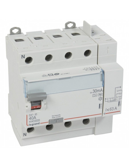 Interrupteur différentiel DX³-ID arrivée haut vis départ haut auto 4 Pôles 400V~ 40A type F 30mA 5 modules LEGRAND 411658