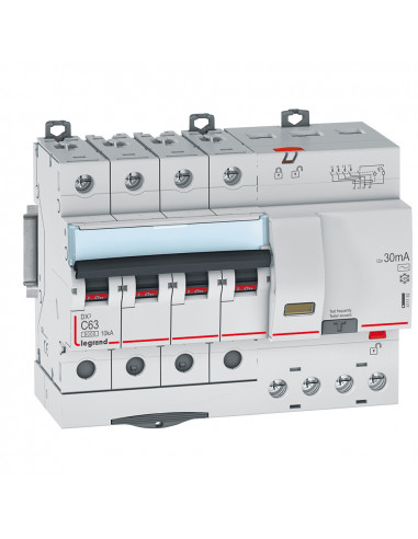 Disjoncteur différentiel monobloc DX³6000 10kA arrivée haute et départ bas à vis 4 Pôles 400V 63A type AC 30mA LEGRAND 411192