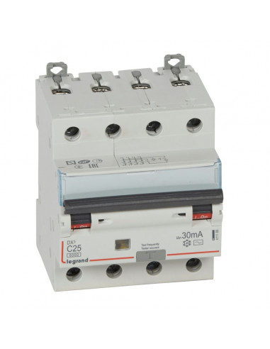 Disjoncteur différentiel monobloc DX³6000 10kA arrivée haute et départ bas à vis 4 Pôles 400V 25A type AC 30mA LEGRAND 411188