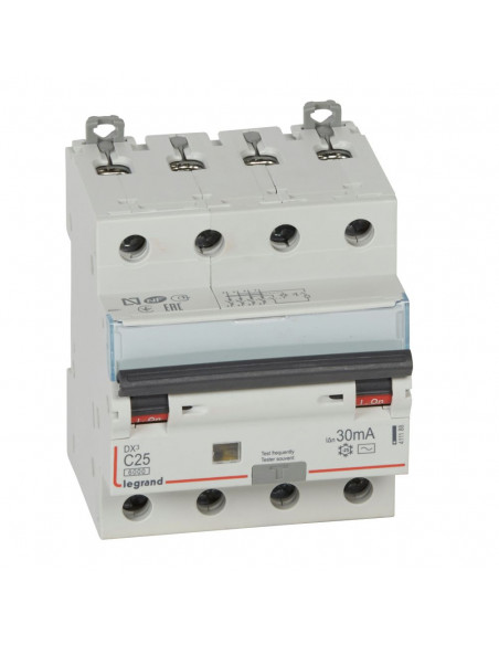 Disjoncteur différentiel monobloc DX³6000 10kA arrivée haute et départ bas à vis 4 Pôles 400V 25A type AC 30mA LEGRAND 411188