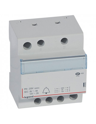 Transformateur pour sonnerie 230V vers 12V ou 8V 24VA 4 modules LEGRAND 413092