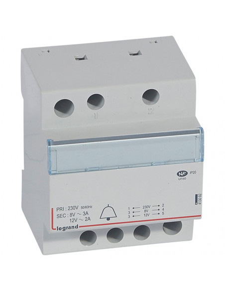Transformateur pour sonnerie 230V vers 12V ou 8V 24VA 4 modules LEGRAND 413092