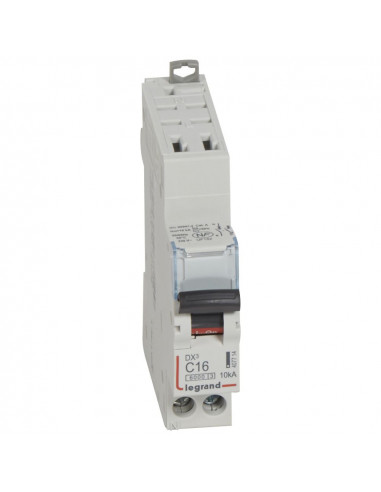 Disjoncteur DX³6000 10kA arrivée haute automatique et départ bas à vis U+N 230V 16A courbe C 1 module LEGRAND 407714