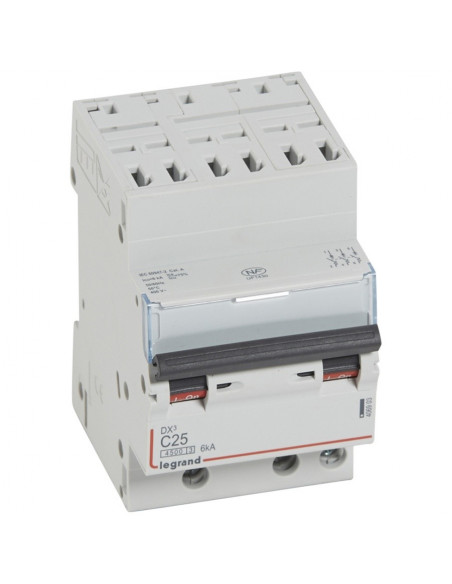 Disjoncteur DX³4500 6kA arrivée haute et sortie basse bornes à vis tripolaire 400V~ 25A courbe C 3 modules LEGRAND 406903