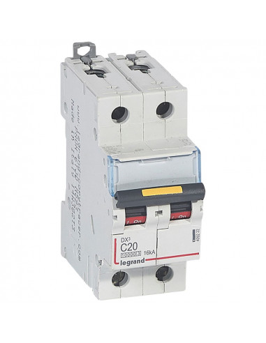 Disjoncteur DX³10000 16kA arrivée haute et départ bas à vis 2 Pôles 230V à 400V 20A courbe C 2 modules LEGRAND 409222