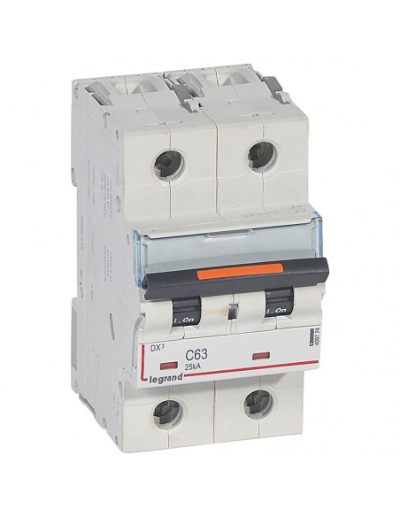 Disjoncteur DX³ 25kA arrivée haute et départ bas à vis 2 Pôles 230V à 400V 63A courbe C 3 modules LEGRAND 409774