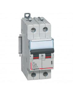 Disjoncteur DX³6000 10kA arrivée haute et départ bas à vis 2 Pôles de 230V à 400V 25A courbe C 2 modules LEGRAND 407786/407802 2