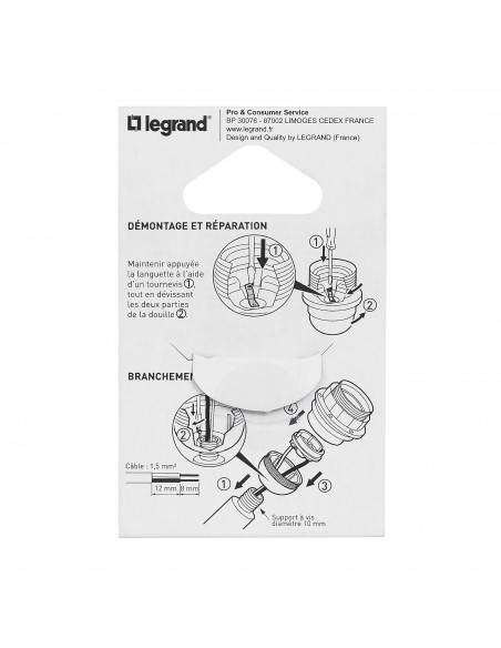 Douille culot E27 à chemise demi-filetée et bague matière isolante 4A 150W LEGRAND 091134