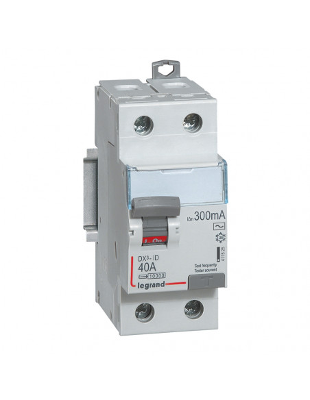 Interrupteur différentiel DX³-ID arrivée haute et départ bas à vis 2 Pôles 230V 40A type AC 300mA 2 modules LEGRAND 411525