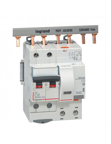 Disjoncteur différentiel monobloc DX³6000 10kA arrivée haute et départ bas vis 2 Pôles 400V 10A type AC 30mA LEGRAND 411157