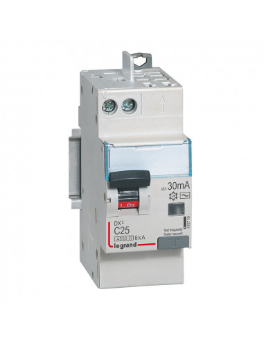 Disjoncteur différentiel DX³4500 arrivée haute vis et départ haut automatique U+N 230V~ 25A typeAC 30mA 2 modules EGRAND 410719